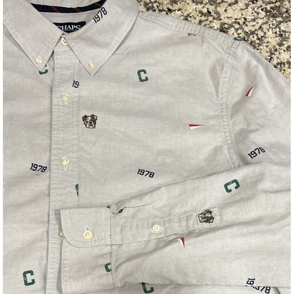 Chaps Mens Button Shirt Stretch Oxford Long Sleeve All Over Bulldog C 1978 Print
